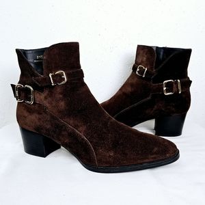 Tod's GORGEOUS Dark Brown Suede Ankle Booties with Gold Buckles NWOT Size 40.
